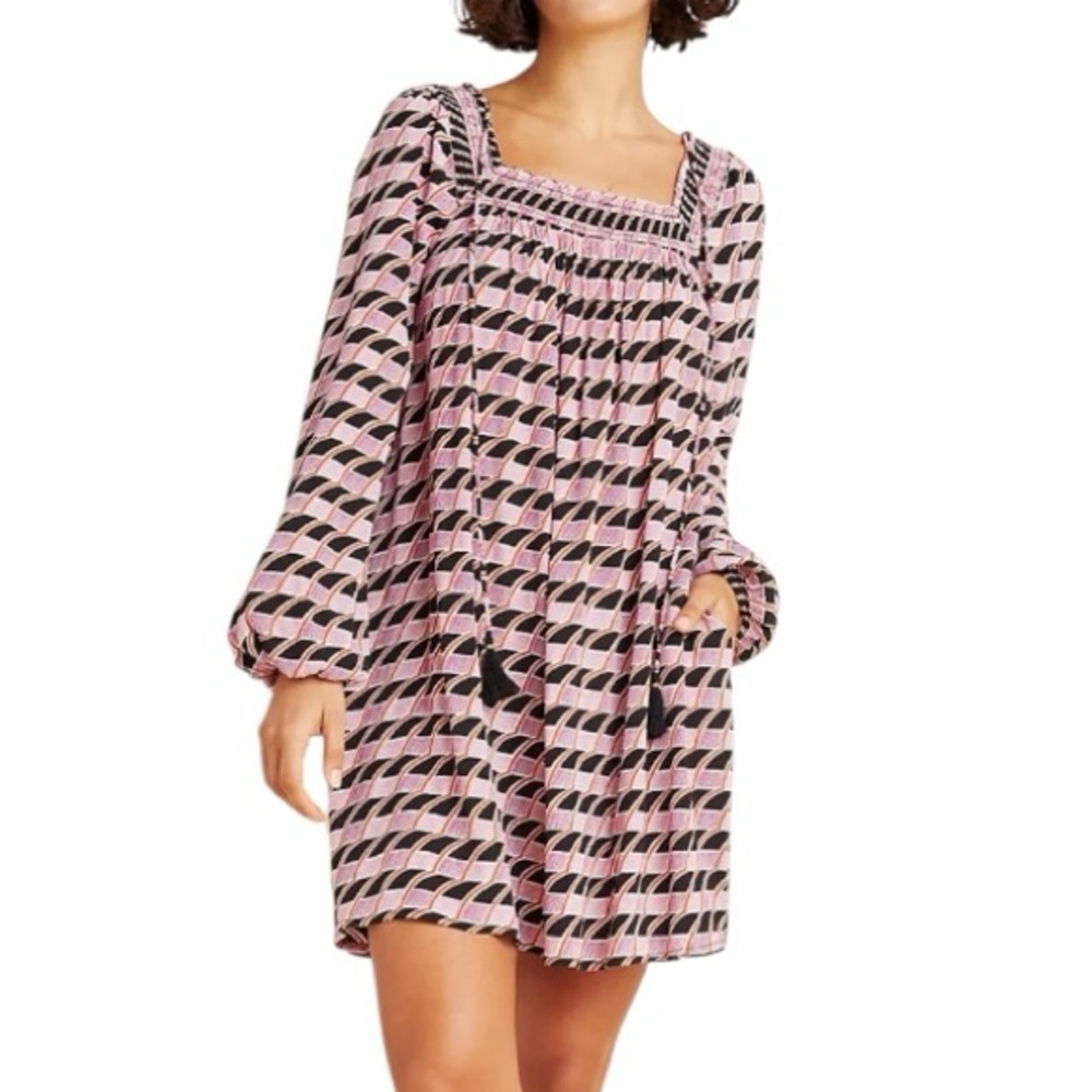 Anthropologie Maeve Adrienne Pink & Black Geometric Tassel Tunic Mini Dress - S